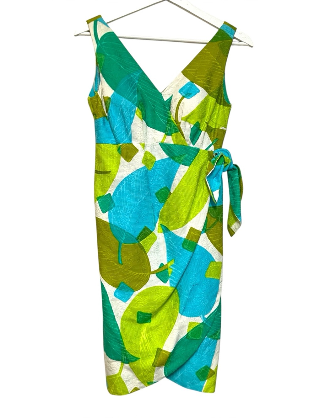 60s Vintage Alice Polynesian Fashions S/M barkcloth faux wrap dress built in bra
